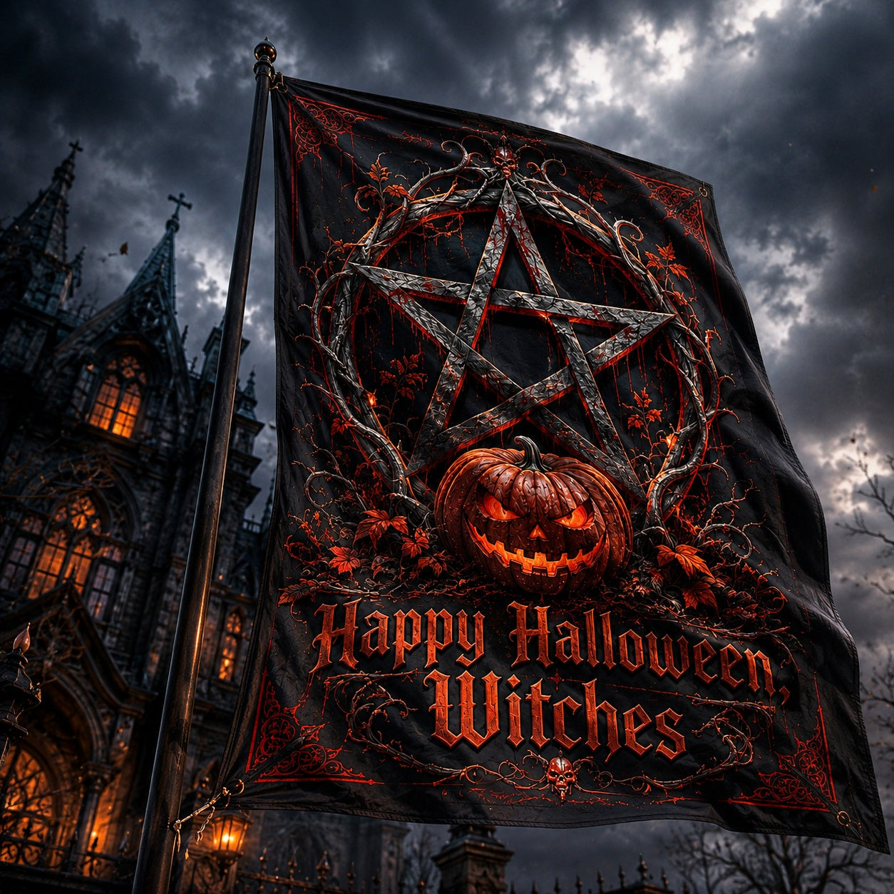 Happy Halloween Witches house flag mockup hanging outdoors as gothic Halloween decor