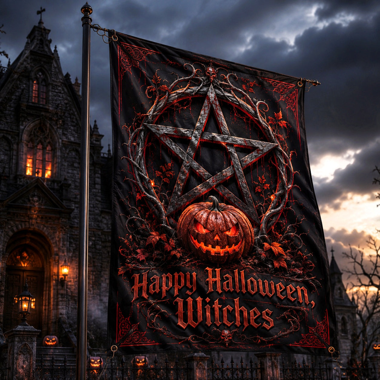 Happy Halloween Witches house flag with pentacle pumpkin gothic design
