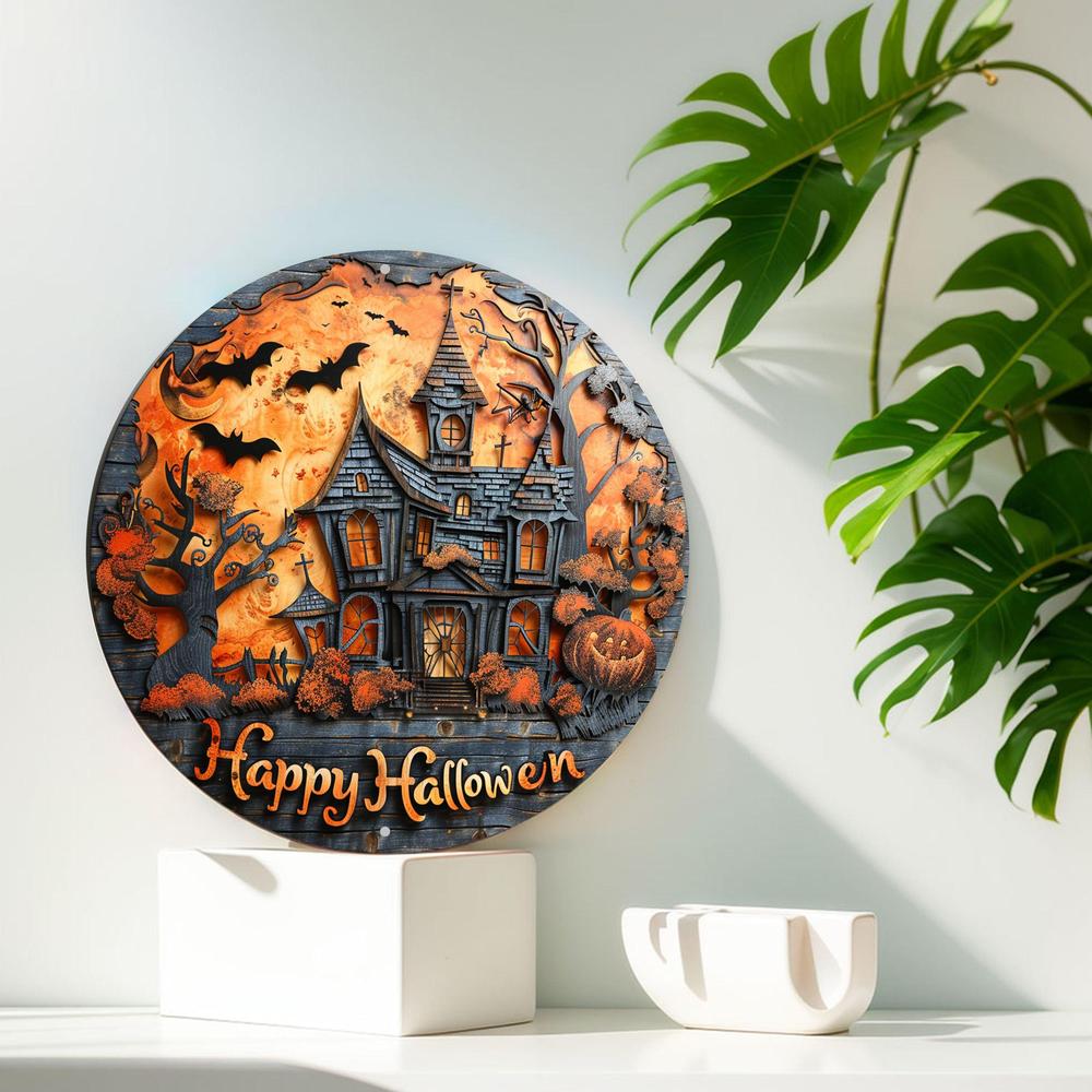 Happy Halloween Wreath Sign Halloween Haunted House Metal Sign-MoonChildWorld
