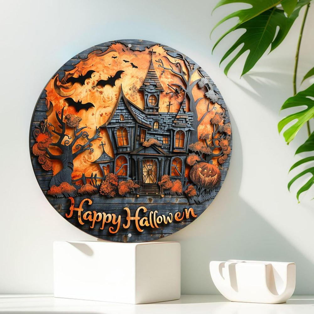 Happy Halloween Wreath Sign Halloween Haunted House Metal Sign-MoonChildWorld