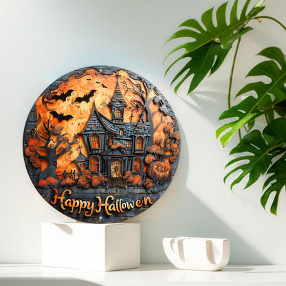 Happy Halloween Wreath Sign Halloween Haunted House Metal Sign-MoonChildWorld