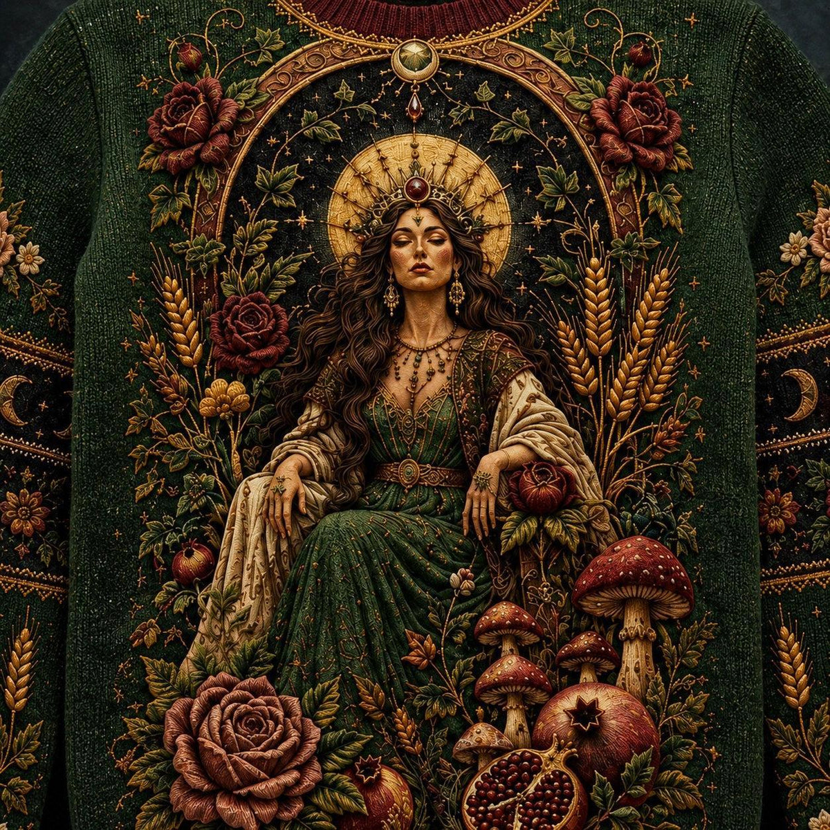 Harvest Goddess Sweater Spiral Rose Wheat Green Pagan Knit front artwork close up