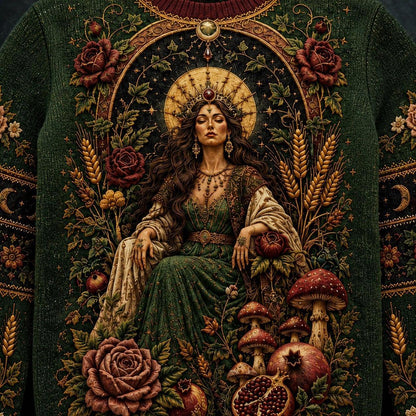 Harvest Goddess Sweater Spiral Rose Wheat Green Pagan Knit front artwork close up