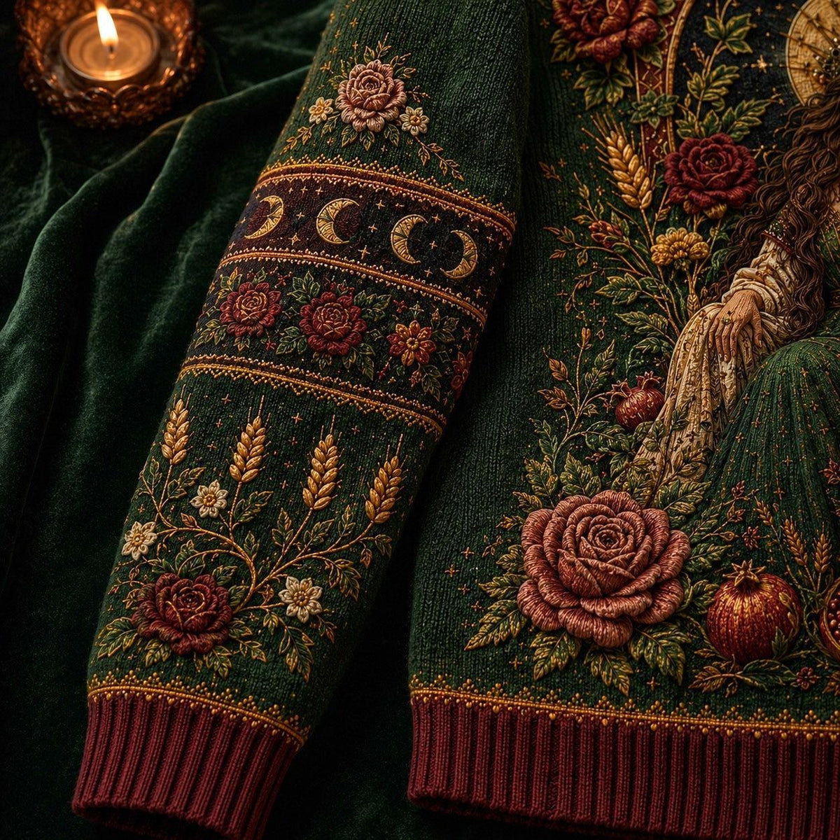Harvest Goddess Sweater Spiral Rose Wheat Green Pagan Knit sleeve and cuff close up