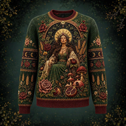 Harvest Goddess Sweater Spiral Rose Wheat Green Pagan Knit front view, second angle