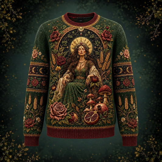 Harvest Goddess Sweater Spiral Rose Wheat Green Pagan Knit front view, second angle