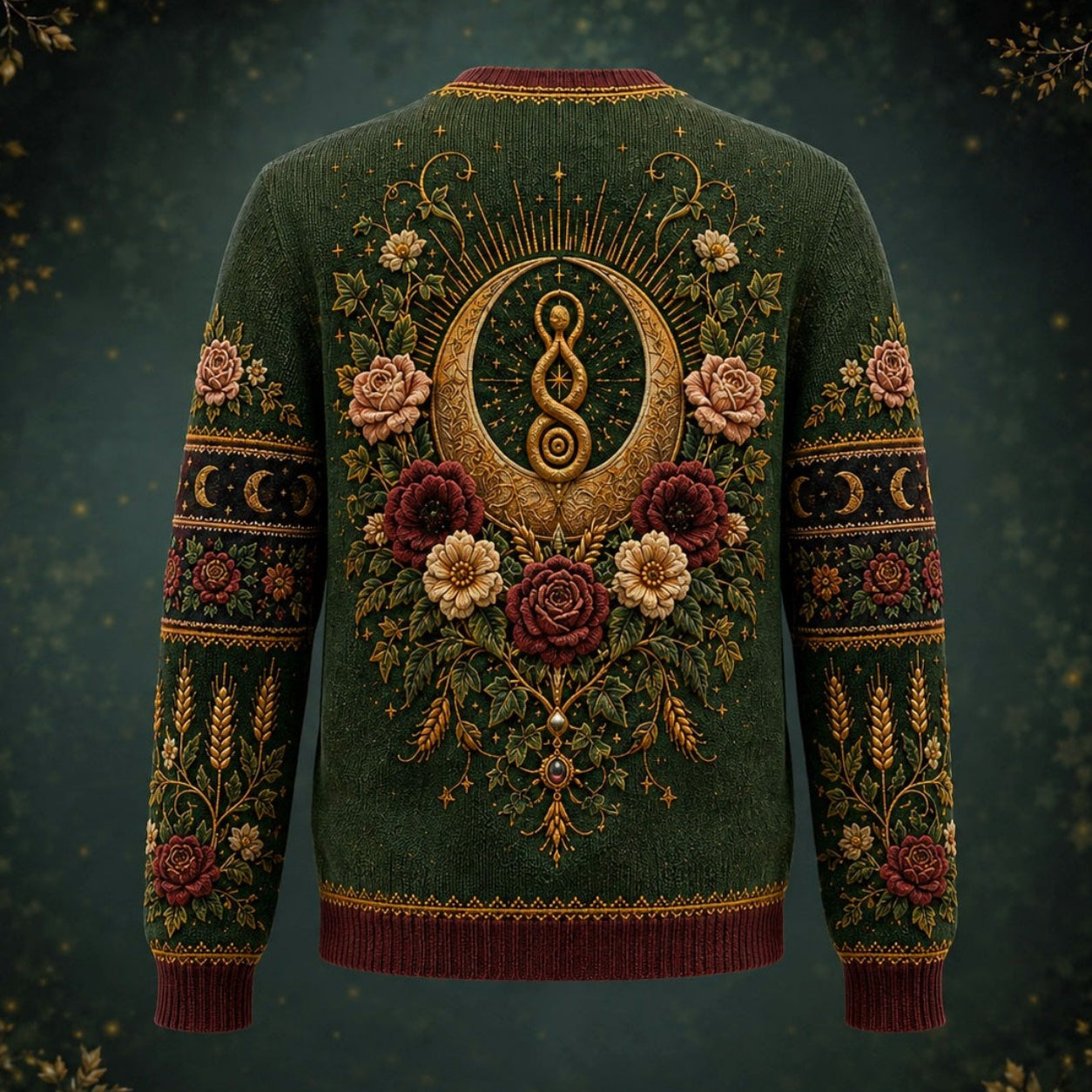 Harvest Goddess Sweater Spiral Rose Wheat Green Pagan Knit back view