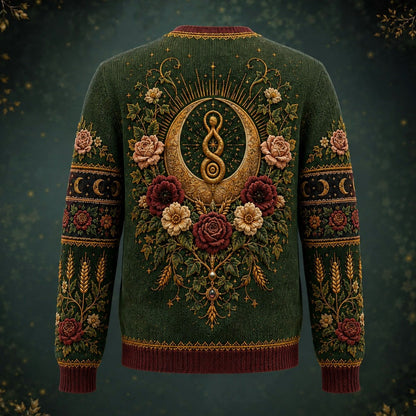 Harvest Goddess Sweater Spiral Rose Wheat Green Pagan Knit back view