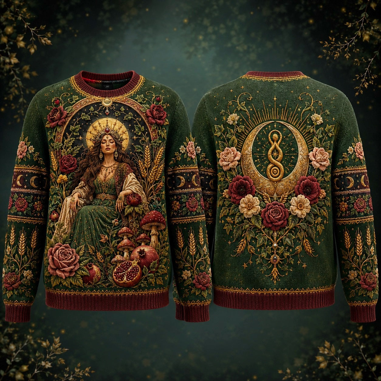 Harvest Goddess Sweater Spiral Rose Wheat Green Pagan Knit front and back together