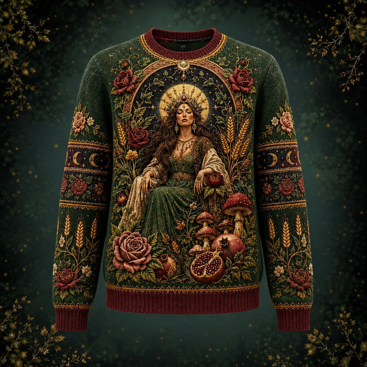 Harvest Goddess Sweater Spiral Rose Wheat Green Pagan Knit front view, second angle