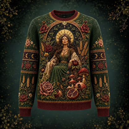 Harvest Goddess Sweater Spiral Rose Wheat Green Pagan Knit front view, second angle