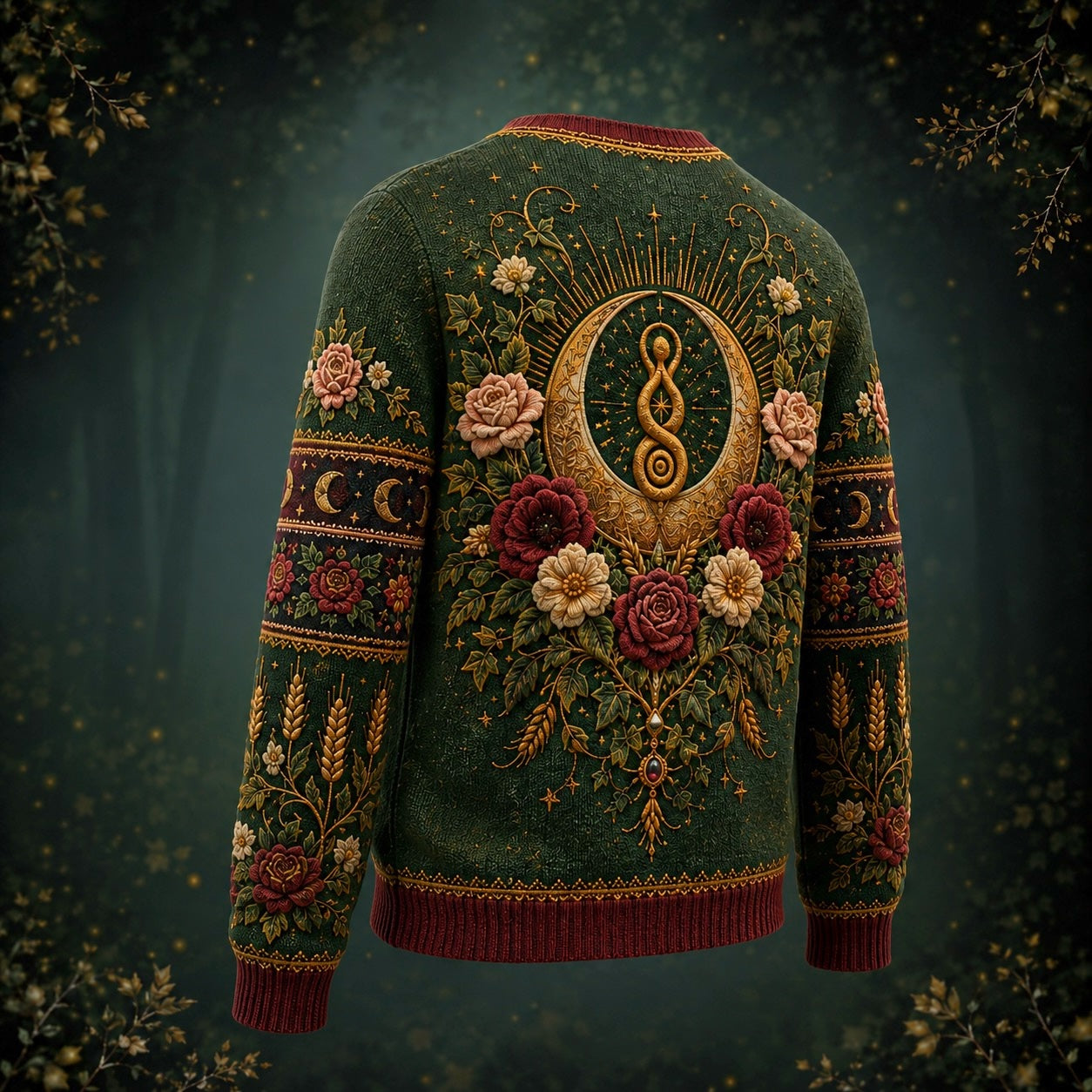 Harvest Goddess Sweater Spiral Rose Wheat Green Pagan Knit back view, second angle