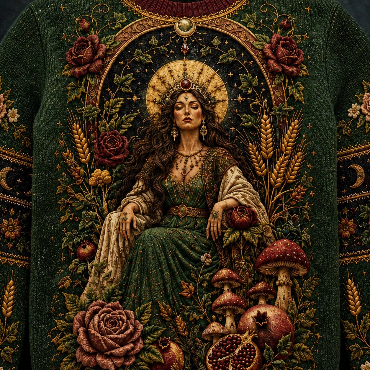 Harvest Goddess Sweater Spiral Rose Wheat Green Pagan Knit front artwork close up