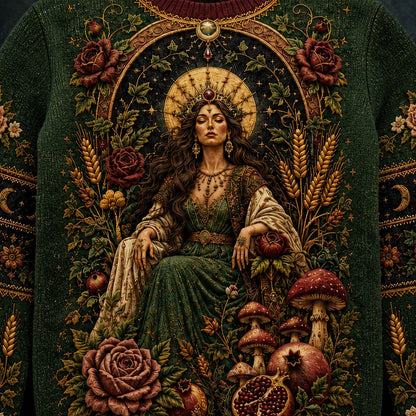 Harvest Goddess Sweater Spiral Rose Wheat Green Pagan Knit front artwork close up