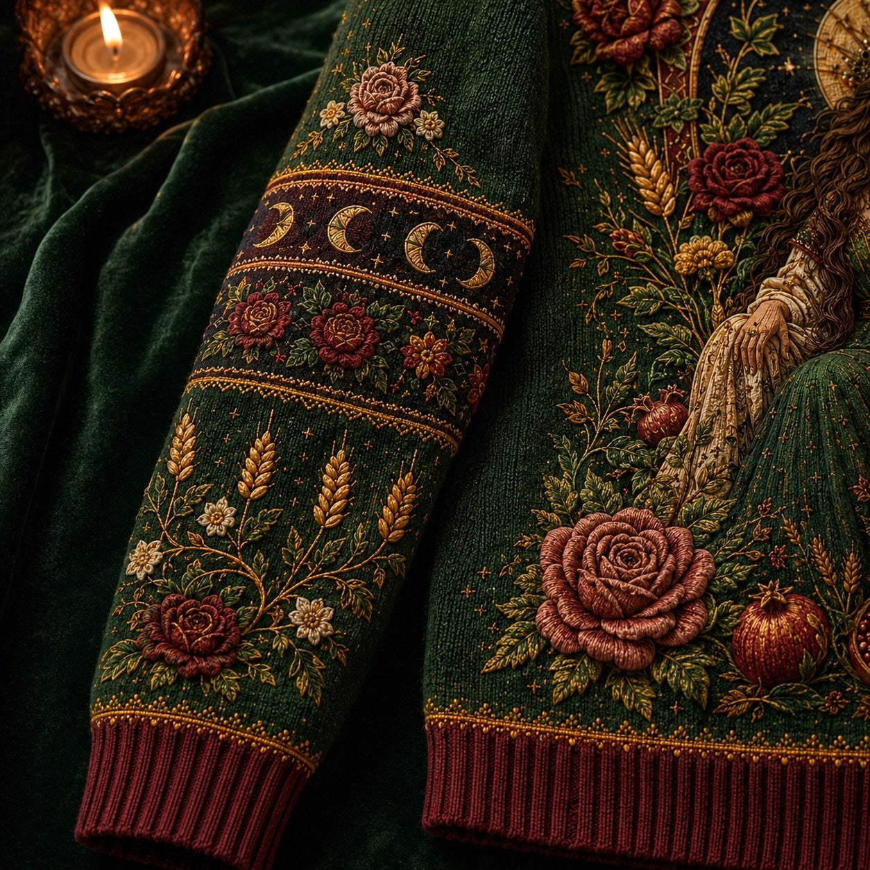 Harvest Goddess Sweater Spiral Rose Wheat Green Pagan Knit sleeve and cuff close up