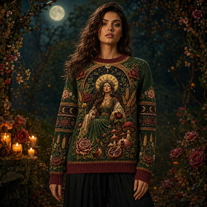 Harvest Goddess Sweater Spiral Rose Wheat Green Pagan Knit worn, front view