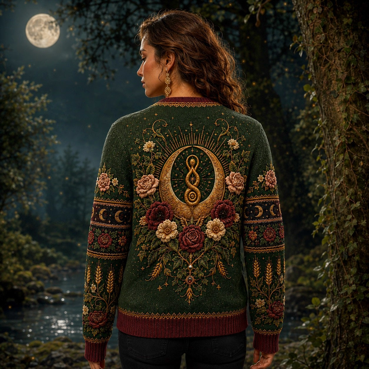Harvest Goddess Sweater Spiral Rose Wheat Green Pagan Knit worn, back view