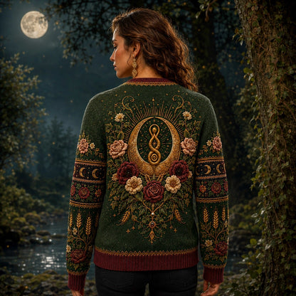 Harvest Goddess Sweater Spiral Rose Wheat Green Pagan Knit worn, back view