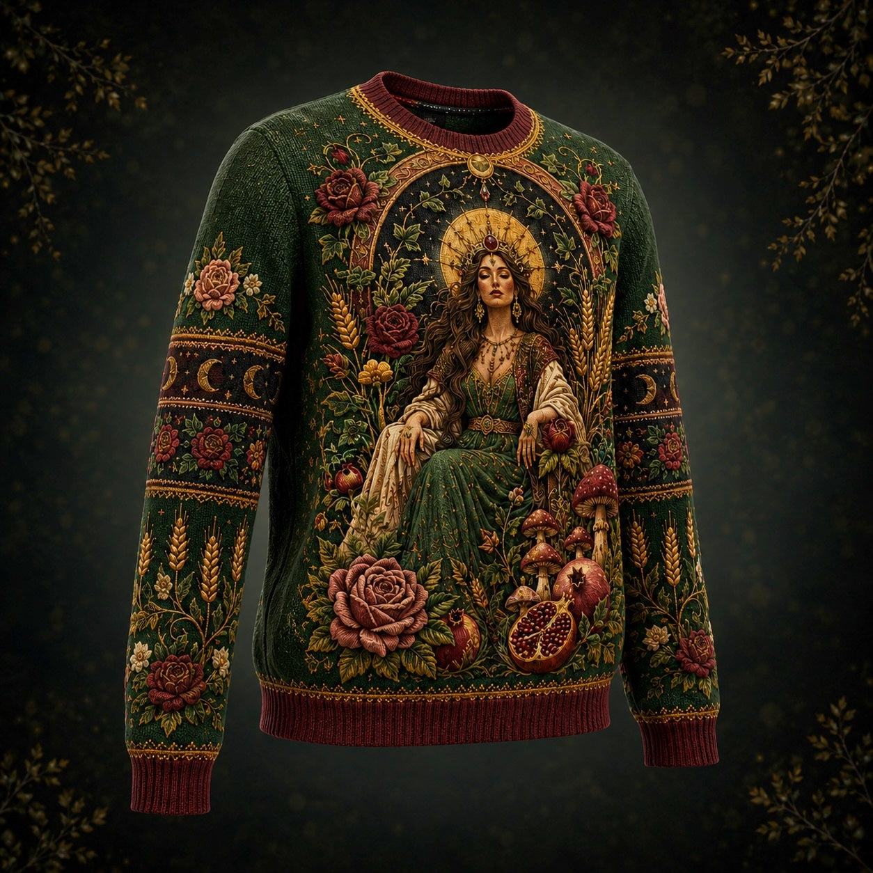 Harvest Goddess Sweater Spiral Rose Wheat Green Pagan Knit front view