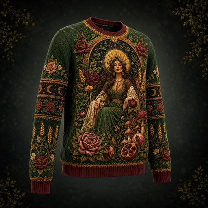 Harvest Goddess Sweater Spiral Rose Wheat Green Pagan Knit front view