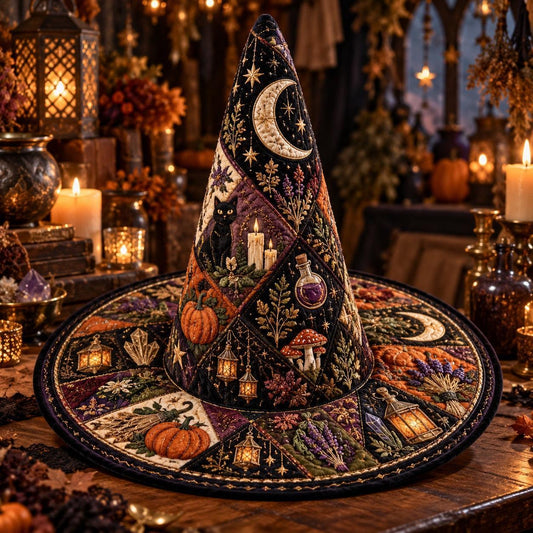 Harvest Lantern Quilted Witch Hat – Pumpkin Cottagecore Wide Brim Hat – styled with candles and crystals