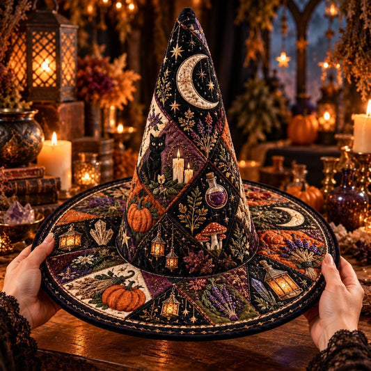 Harvest Lantern Quilted Witch Hat – Pumpkin Cottagecore Wide Brim Hat – held in both hands