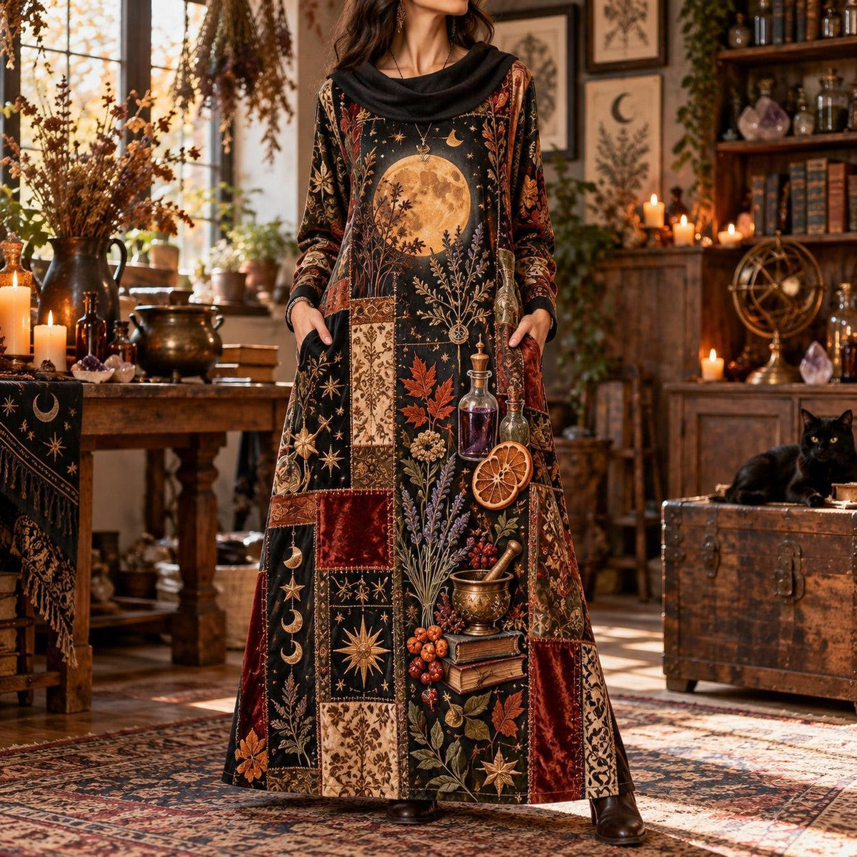 Harvest Moon Apothecary Witchy Cowl Neck Dress – Kitchen Witch Maxi – worn, front view
