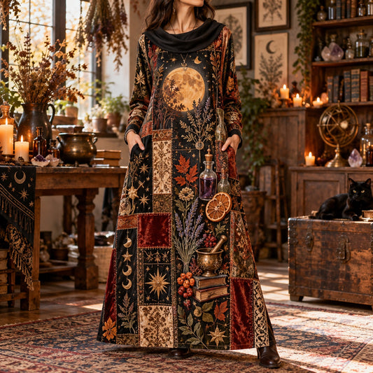 Harvest Moon Apothecary Witchy Cowl Neck Dress – Kitchen Witch Maxi – worn, front view