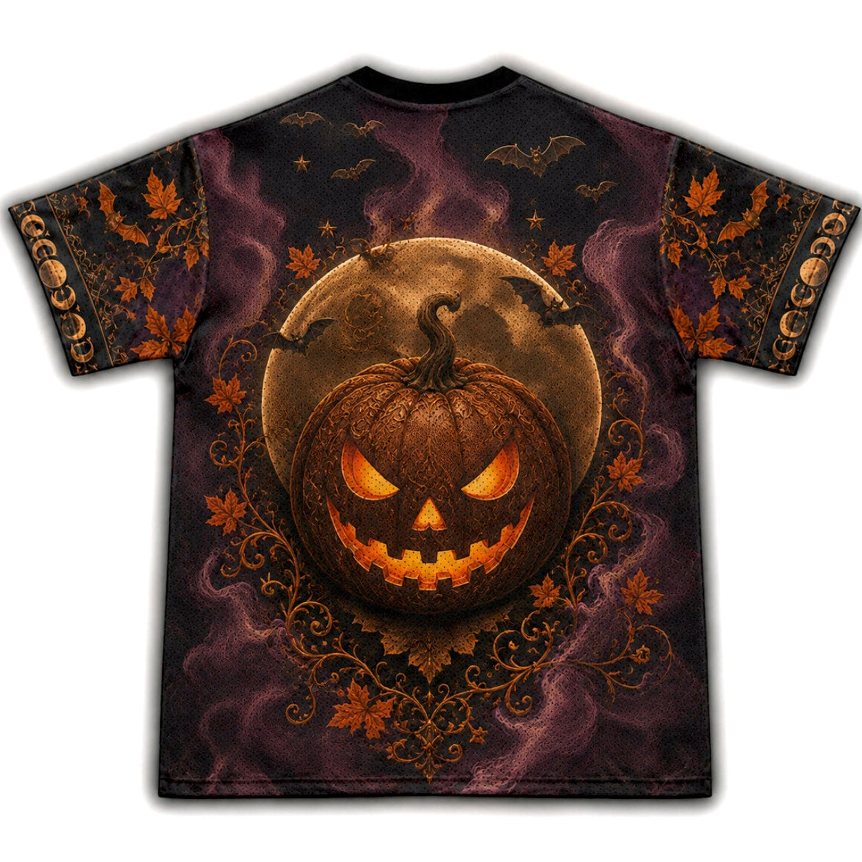 A short-sleeve crewneck t-shirt featuring a detailed Halloween graphic print. The design showcases a glowing jack-o'-lantern pumpkin in the center, set against a full moon and dark purple misty background, with bats and autumn leaves on the sleeves.