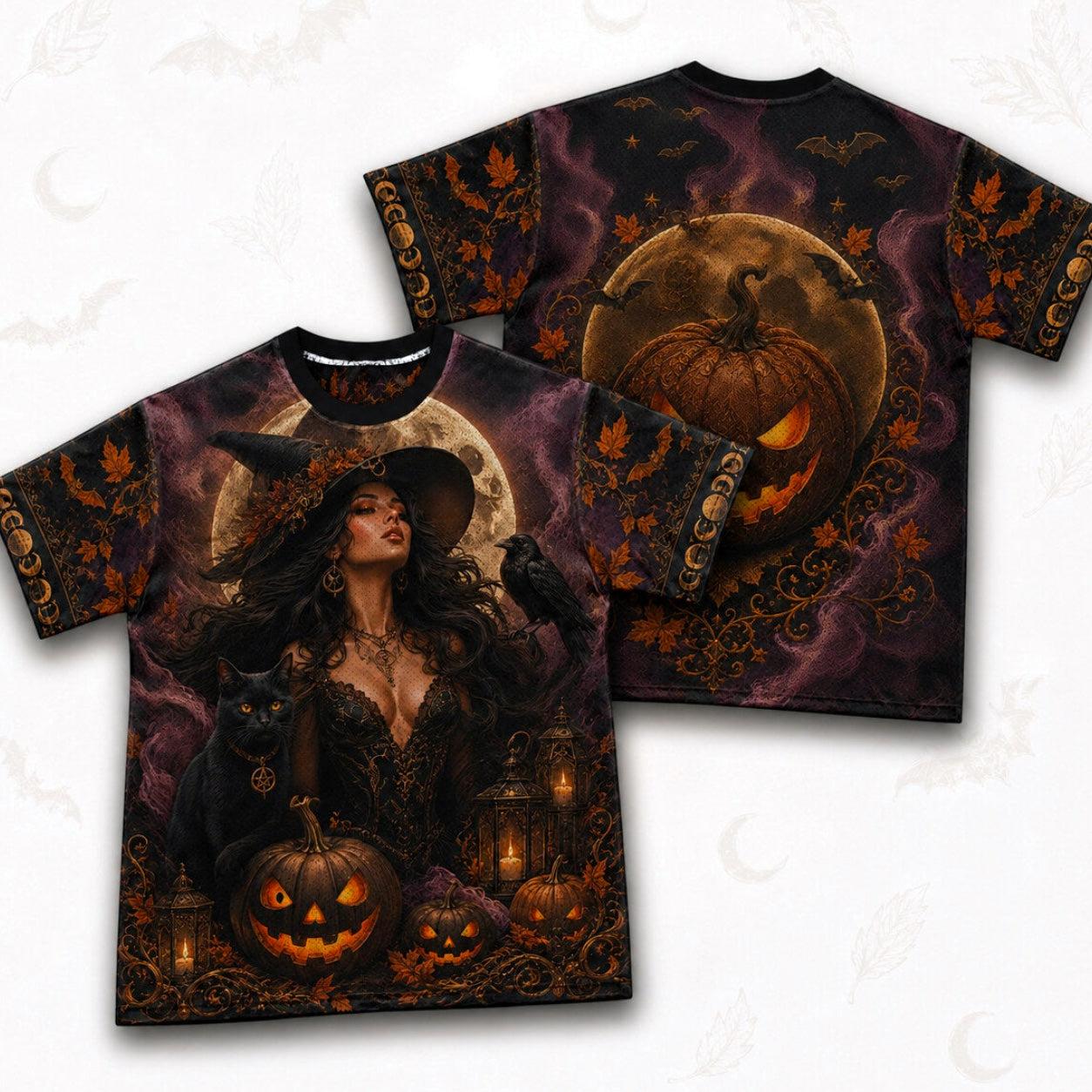 A Halloween-themed short-sleeve t-shirt with a full-body graphic print of a witch, black cat, pumpkins, and crows, shown in both front and back views against a light patterned background.