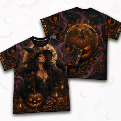 A Halloween-themed short-sleeve t-shirt with a full-body graphic print of a witch, black cat, pumpkins, and crows, shown in both front and back views against a light patterned background.