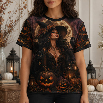 Harvest Moon Pumpkin Witch T-Shirt Jack O Lantern Autumn Tee worn, front view