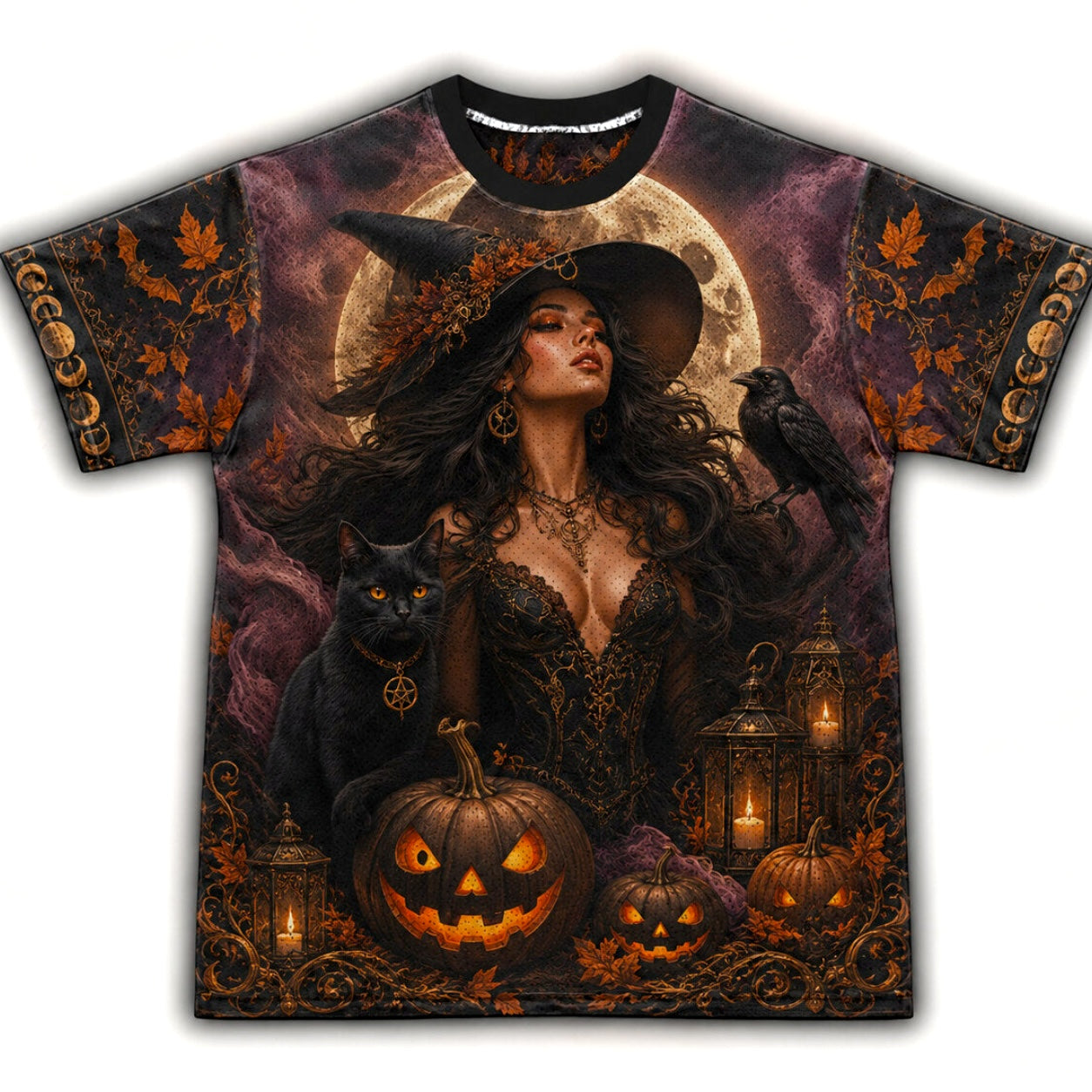 A short-sleeve crewneck t-shirt featuring an all-over Halloween graphic print. The design depicts a witch with a black hat and dark dress, accompanied by a black cat, a crow, glowing jack-o'-lanterns, and lanterns against a large full moon and purple clouds.