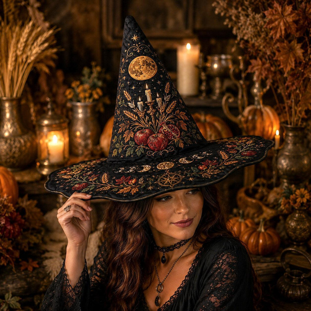 Harvest Moon Witch Hat – Mabon Autumn Pagan Wide Brim Hat – quilting and print detail