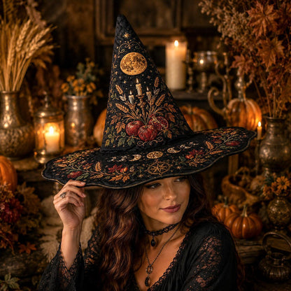 Harvest Moon Witch Hat – Mabon Autumn Pagan Wide Brim Hat – quilting and print detail