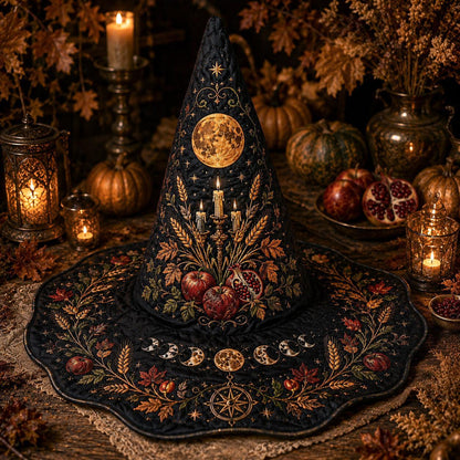 Harvest Moon Witch Hat – Mabon Autumn Pagan Wide Brim Hat – held in both hands