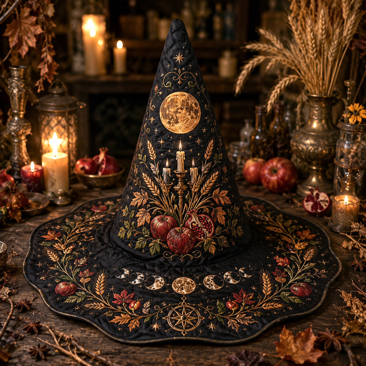 Harvest Moon Witch Hat – Mabon Autumn Pagan Wide Brim Hat – on an altar table