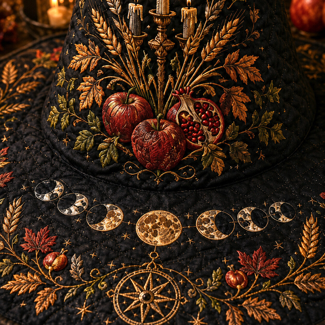Harvest Moon Witch Hat – Mabon Autumn Pagan Wide Brim Hat – styled with candles and crystals