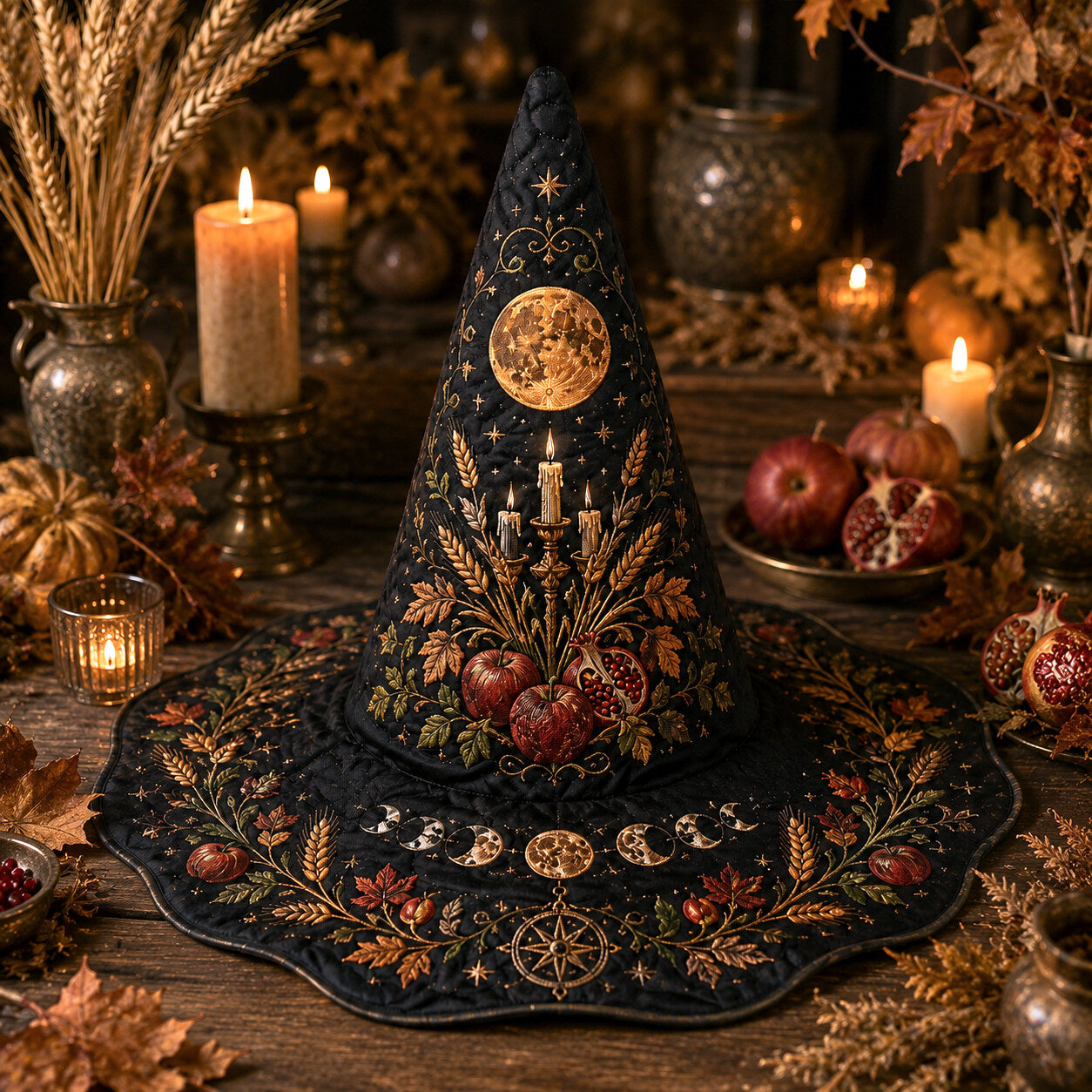 Harvest Moon Witch Hat – Mabon Autumn Pagan Wide Brim Hat – worn, front view