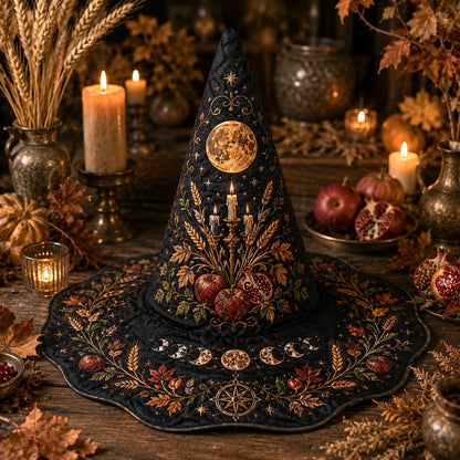 Harvest Moon Witch Hat – Mabon Autumn Pagan Wide Brim Hat – worn, front view