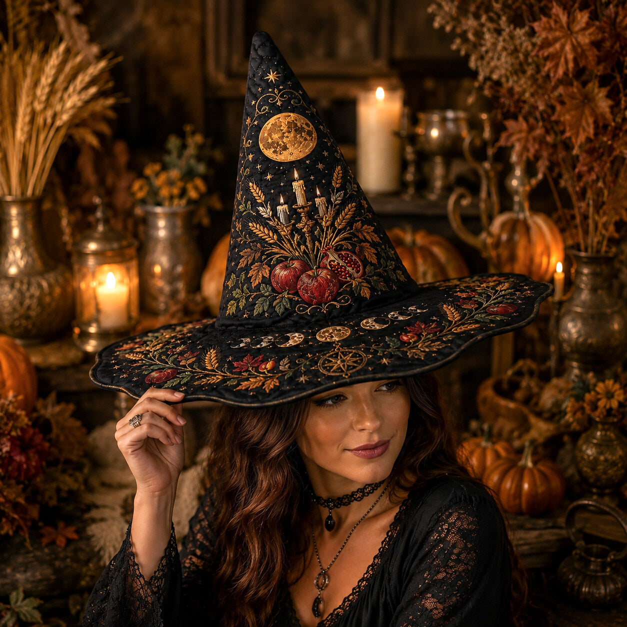 Harvest Moon Witch Hat – Mabon Autumn Pagan Wide Brim Hat – quilting and print detail