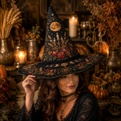Harvest Moon Witch Hat – Mabon Autumn Pagan Wide Brim Hat – quilting and print detail