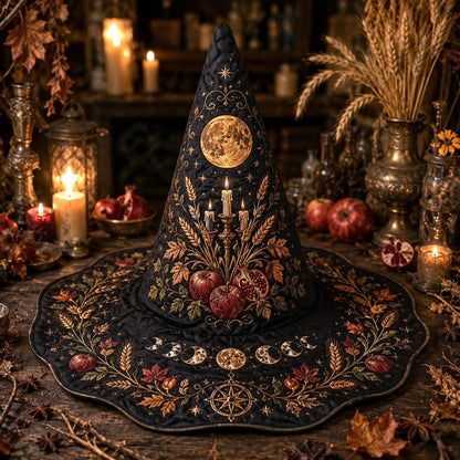 Harvest Moon Witch Hat – Mabon Autumn Pagan Wide Brim Hat – on an altar table