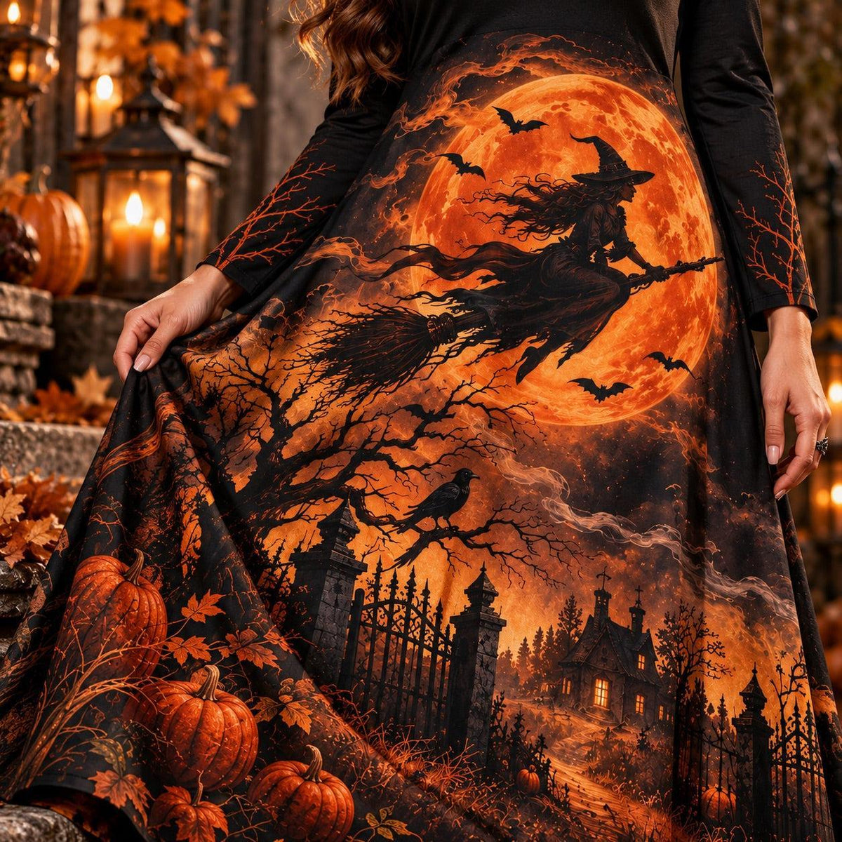 Harvest Moon Witch Plus Size Halloween Dress – Pumpkin Long Sleeve Maxi – close up of the printed artwork