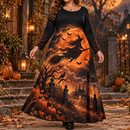 Harvest Moon Witch Plus Size Halloween Dress – Pumpkin Long Sleeve Maxi – worn, front view