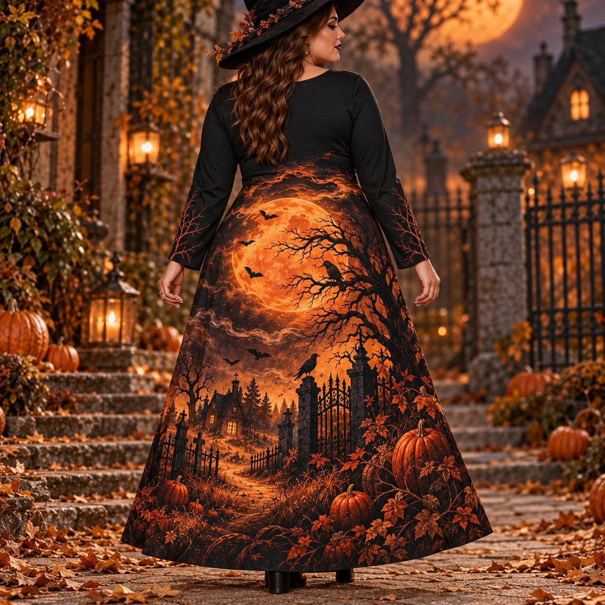 Harvest Moon Witch Plus Size Halloween Dress – Pumpkin Long Sleeve Maxi – worn, back view