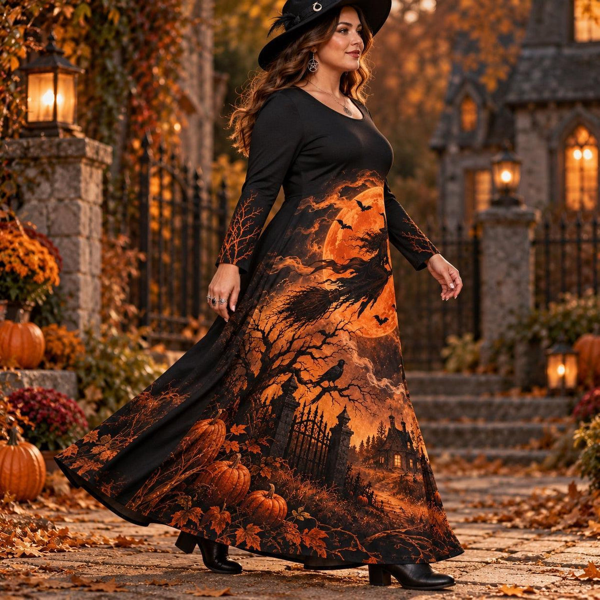 Harvest Moon Witch Plus Size Halloween Dress – Pumpkin Long Sleeve Maxi – worn, three quarter view