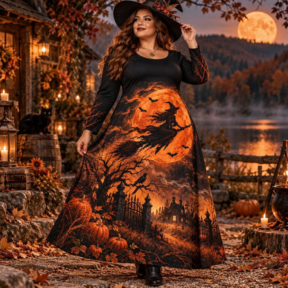Harvest Moon Witch Plus Size Halloween Dress – Pumpkin Long Sleeve Maxi – worn, in motion