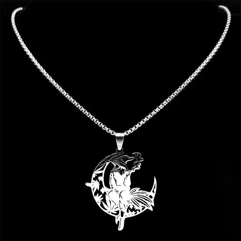 Hat Smoking Witch Moon Necklace Witchy Jewelry-MoonChildWorld