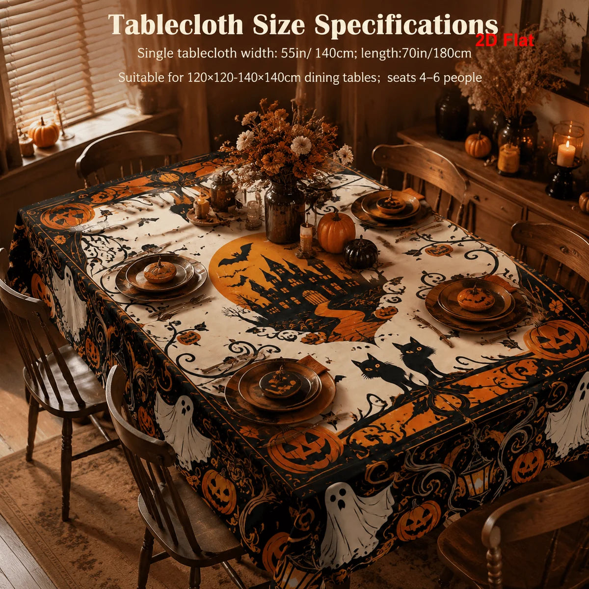 Haunted castle Halloween tablecloth with pumpkin and ghost decor